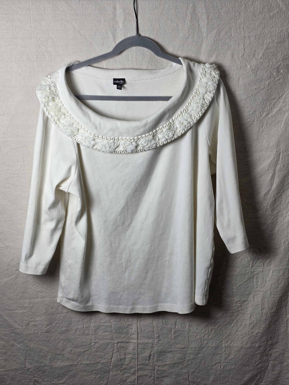 Rafaella Ivory Long Sleeve Scoop Neck Top with Decorative Trim